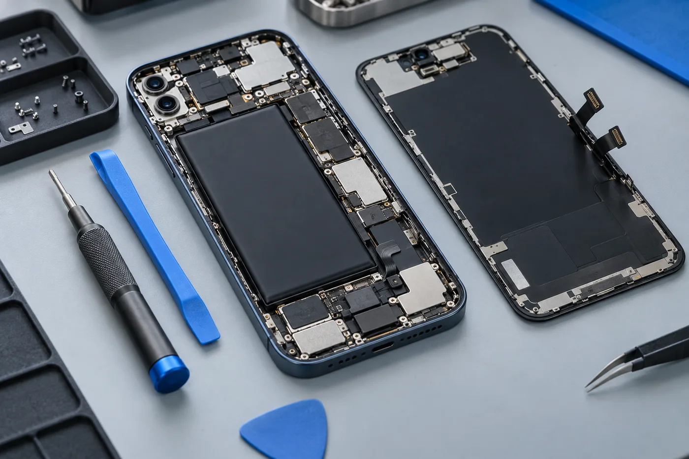 Illustrative smartphone repair workbench with precision tools